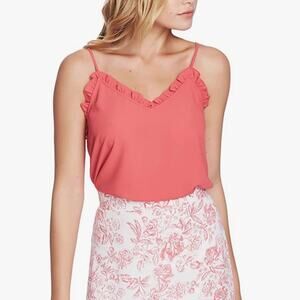 😎 NWT 1.STATE Ruffle Edge V-Neck Cami Tank Top in Pink Cherry Blossom Size XS